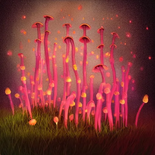 Prompt: luminescent pink and orange mycena fungi, emitting spores, midnight, fantasy art, mysterious, magical, hyperrealistic, detailed, soft lighting, fireflies