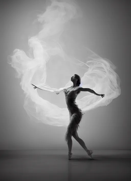 Image similar to a Photorealistic dramatic hyperrealistic render of a glamorous beautiful Female smoke dancer by Ken Brower and Deborah Ory of NYC Dance project,Lois Greenfield,Flowing cloth and smoke,Beautiful dynamic dramatic dark moody lighting,volumetric,shadows,cinematic atmosphere,Octane render,8K