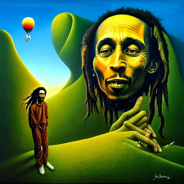 Image similar to gediminas pranckevicius an oil on canvas portrait painting of bob marley with john lennon, surrealism, surrealist, cosmic horror, rob gonsalves, high detail, hole space time warp zica