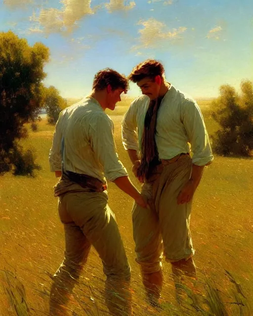 Prompt: handsome men reminisce about the end of summer in a field of grass, cool colors, hard angles, painting by gaston bussiere, craig mullins, j. c. leyendecker