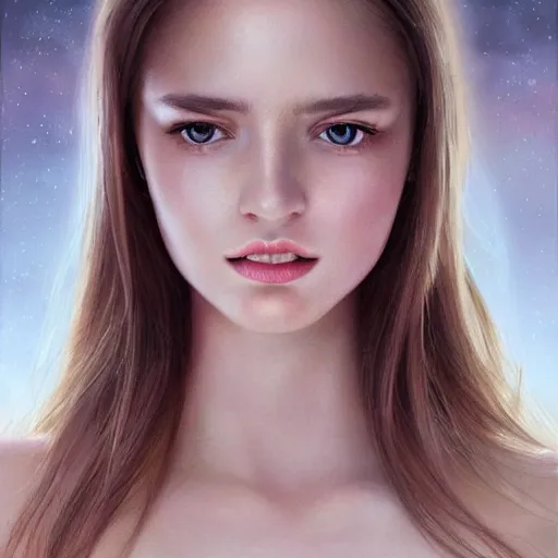 Image similar to a gorgeous female photo, professionally retouched, soft lighting, wearing sundress, illuminated by moonlight, realistic, smooth face, blonde goddess, luscious lips, perfect eyes, wide angle, sharp focus on eyes, shocked expression on her face, 8 k high definition, insanely detailed, intricate, elegant, art by artgerm and wlop