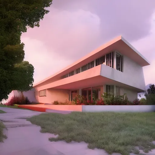 Prompt: modernist house inspired by a taco bell between big trees, light pink clouds, dramatic lighting, artstation, matte painting, raphael lacoste, simon stalenhag, frank lloyd wright, zaha hadid