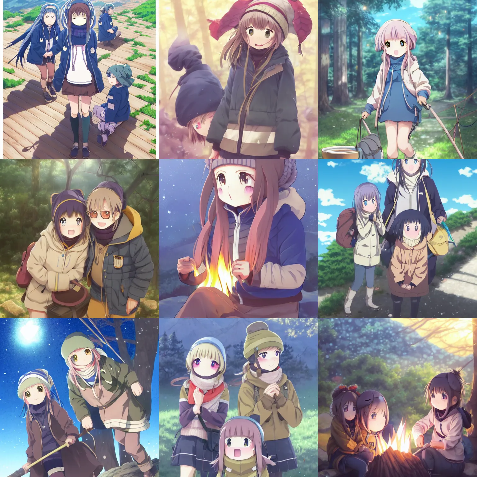 Image similar to anime yuru camp yama no susume cute girls around campfire trending on artstation hyperdetailed shining eyes cute moe Insanely detailed faces Unreal Engine 4k 8k ultra HD illustration digital pixiv concept art Award Winning manga cover by Stanley Artgerm Lau, WLOP, Rossdraws, James Jean, Andrei Riabovitchev, Marc Simonetti, and Sakimichan