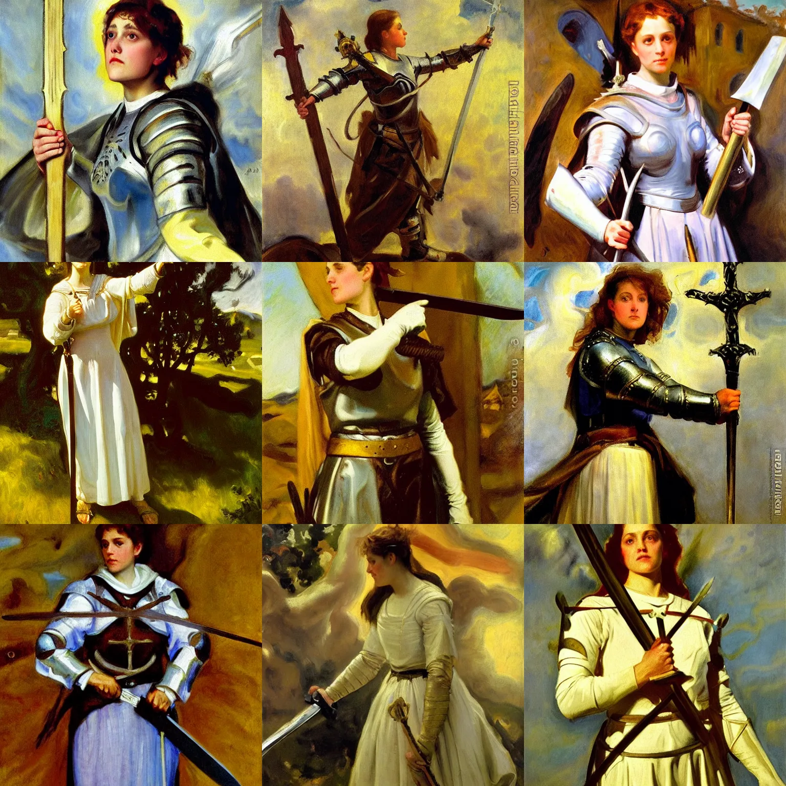 Prompt: joan of arc holding a sword to heaven, detailed oil on canvas portrait by john singer sargent