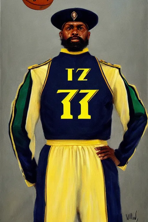 Image similar to full body portrait of the dictator of the nba utah jazz, 1 8 8 9, in full military garb, navy blue, green, yellow, oil on canvas by william sidney mount, trending on artstation