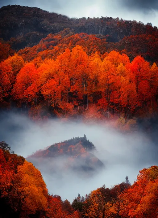 Image similar to an award winning photo of a cool autumn day in bergen norway, colorful leaves red orange yellow on trees, leaves falling to the ground, beautiful mountains, breathtaking blue sky, wispy cloud. travel photography by charlie waite, max rive, caroline foster.