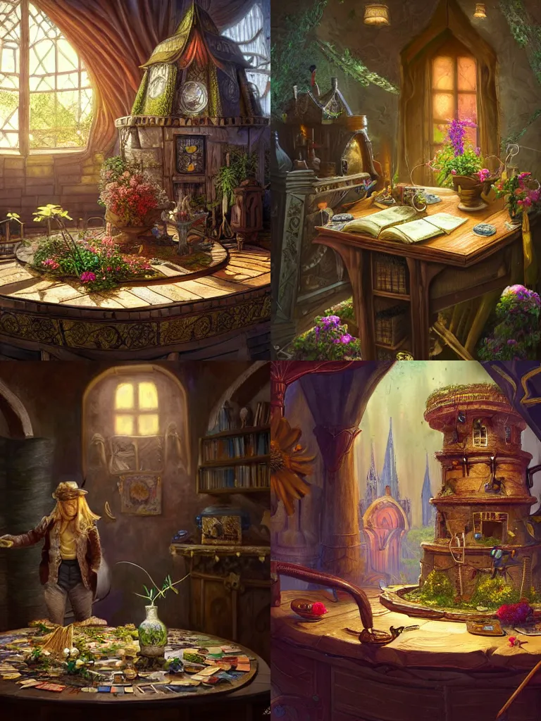 Prompt: a powerful magician in his tower. table full of magical artifacts. weeds and flowers growing on the floor and roof intricate, elegant, highly detailed, digital painting, artstation, concept art, sharp focus, illustration, by justin gerard and artgerm, 8 k