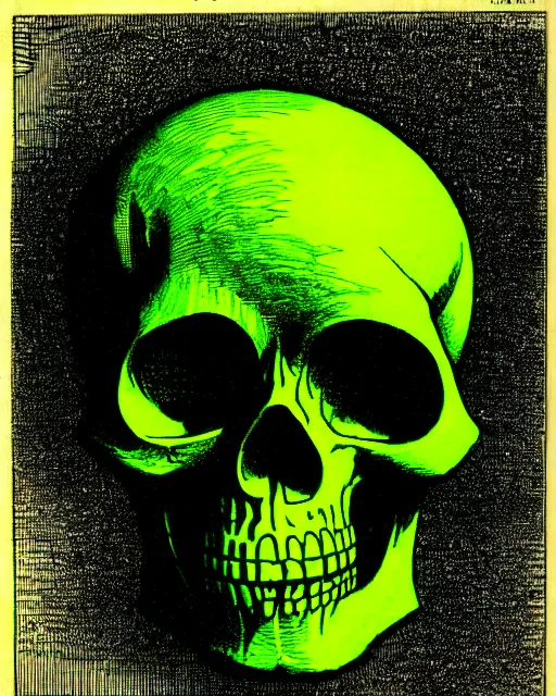Prompt: illustration of a neon green skull floating over cubes from the dictionarre infernal, etching by louis le breton, 1 8 6 9, 1 2 0 0 dpi scan