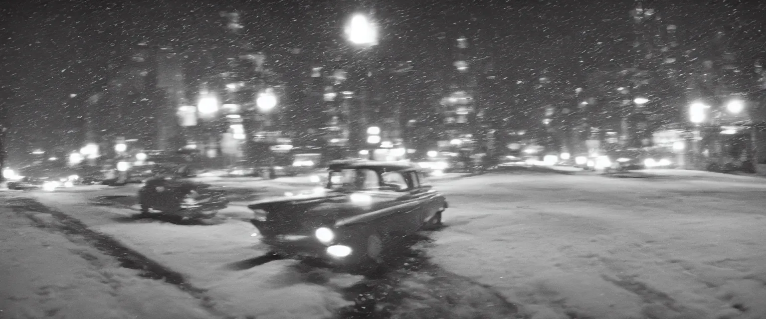 Image similar to detailed sharp photograph in the style of popular science circa 1 9 5 5 and gregory crewdson of a taxi driver in a checker cab in the snow on broadway at night 1 5 0 mm lens close up