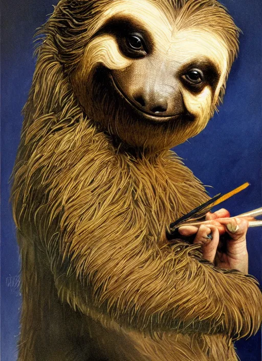 Image similar to ultra realistic portrait painting of a stoner as a sloth smoking a lit joint, art by frank frazetta, 4 k, ultra realistic, highly detailed, epic lighting