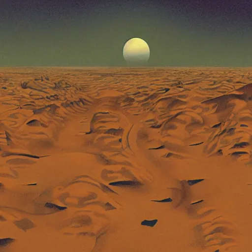 Image similar to mars dunes landscape, 8 0 s scifi art, in the style of bonestell chesley