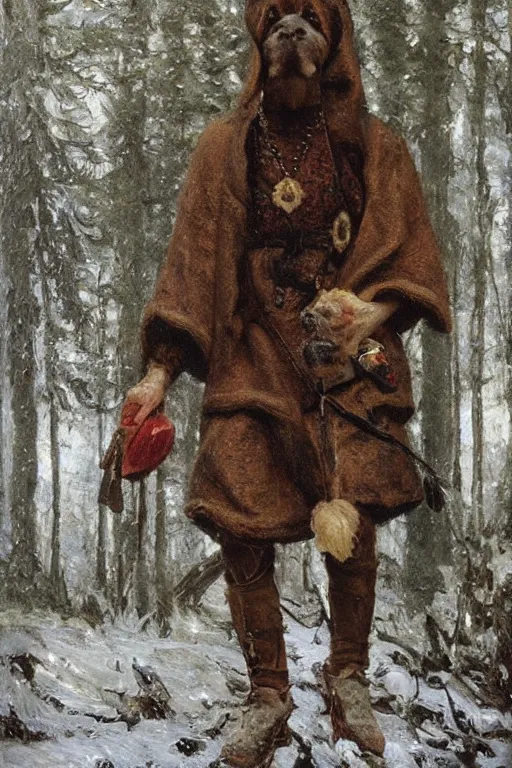 Prompt: Slavic dog head man, woolen torso in medieval clothes, walking in the forest, Orthodox Saint Christopher, oil painting, painting by Viktor Vasnetsov, concept art, hyperrealism, beautiful, high resolution, trending on artstation,