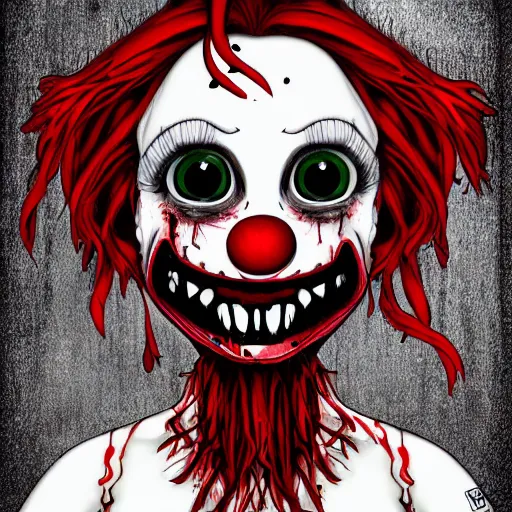Image similar to grunge drawing of a red hair cartoon clown monster with big bloody eyes and a wide smile by mrrevenge, corpse bride style, horror themed, detailed, elegant, white background, intricate