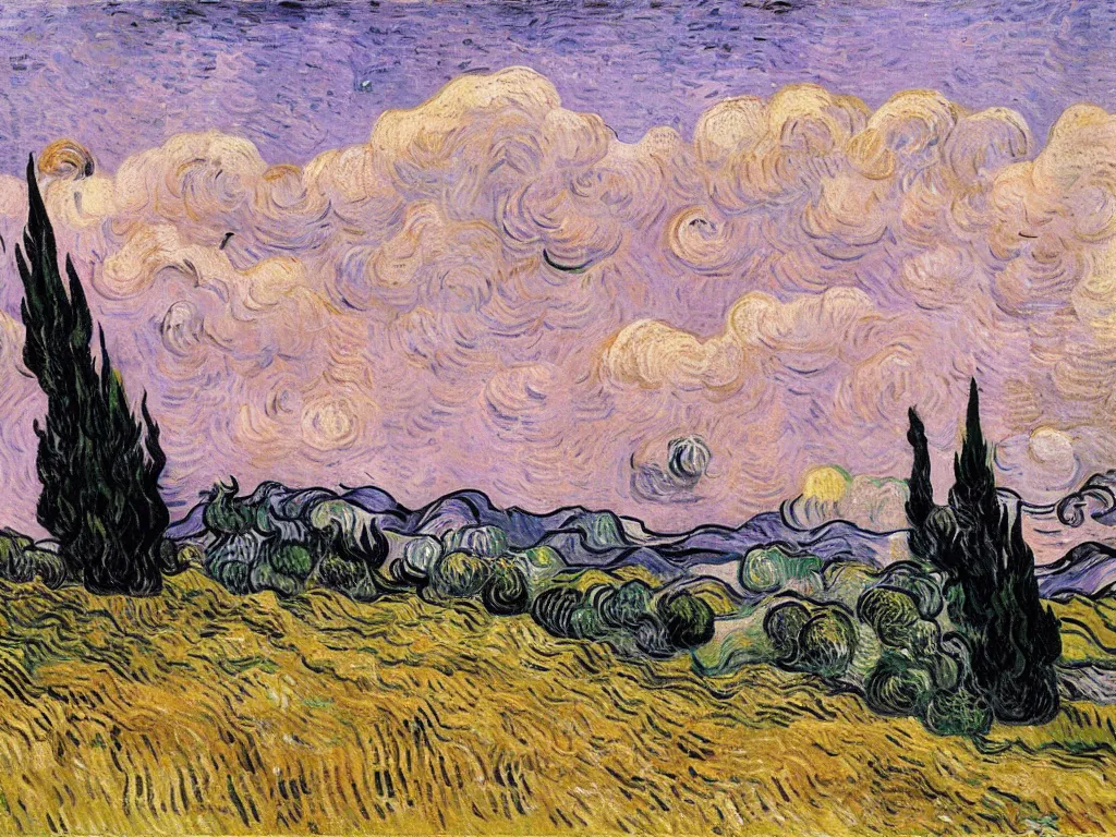Prompt: pink wheat field and cypresses by van gogh