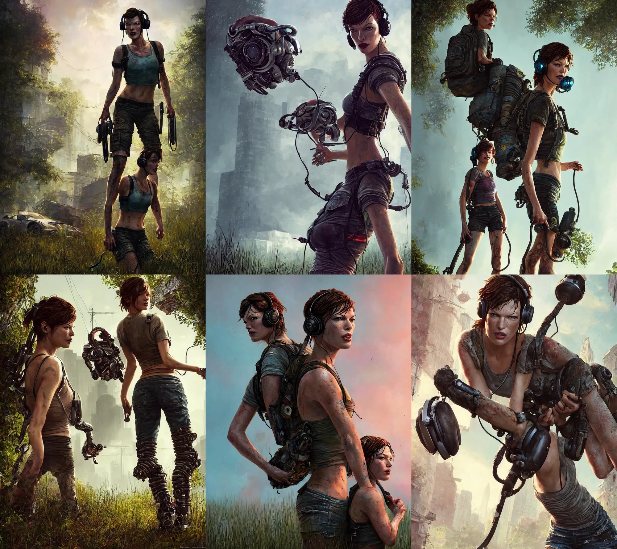 Prompt: glamour photo : ( subject = one! milla jovovich! + subject detail = wearing!! futuristic headphones!! crop top and cargo shorts, shapely, luscious ) in the last of us, photo by stephen bliss, rhads, ferdinand knab, rossdraws, tom bagshaw, global illumination