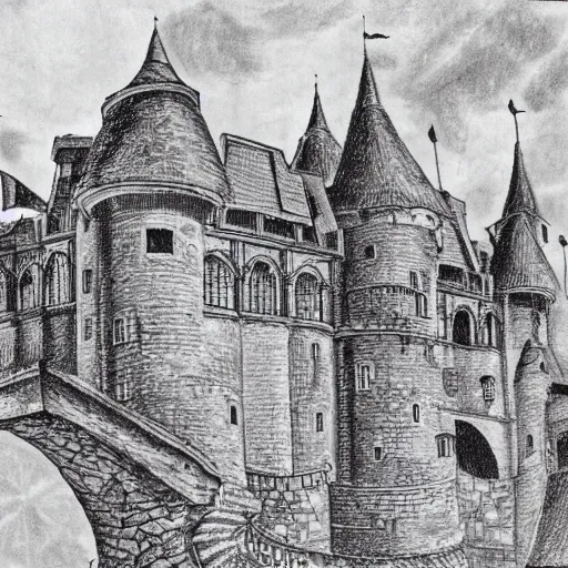 Image similar to wimmelbilder drawing of a medieval castle, highly detailed, high quality, high resolution