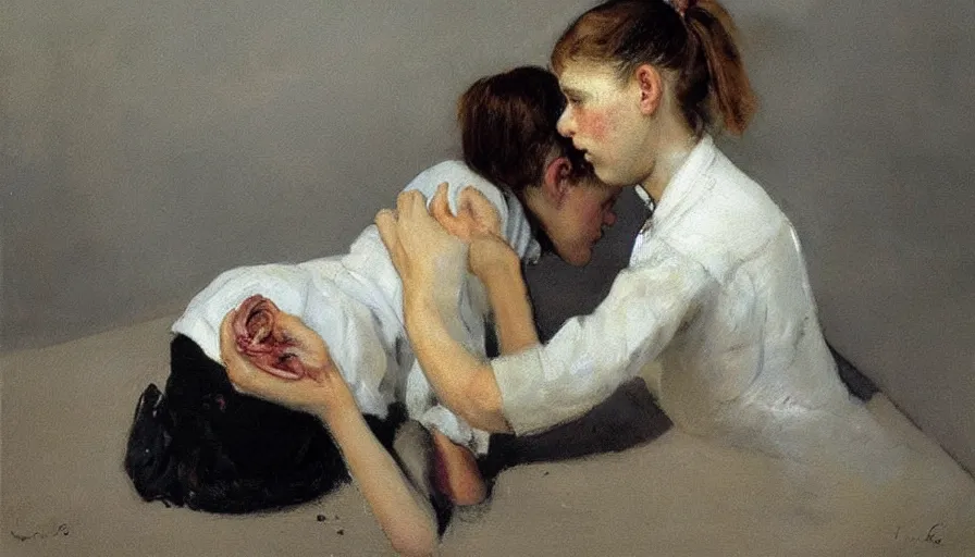 Prompt: painting by borremans, strange situation with a girl, detailed, stunning