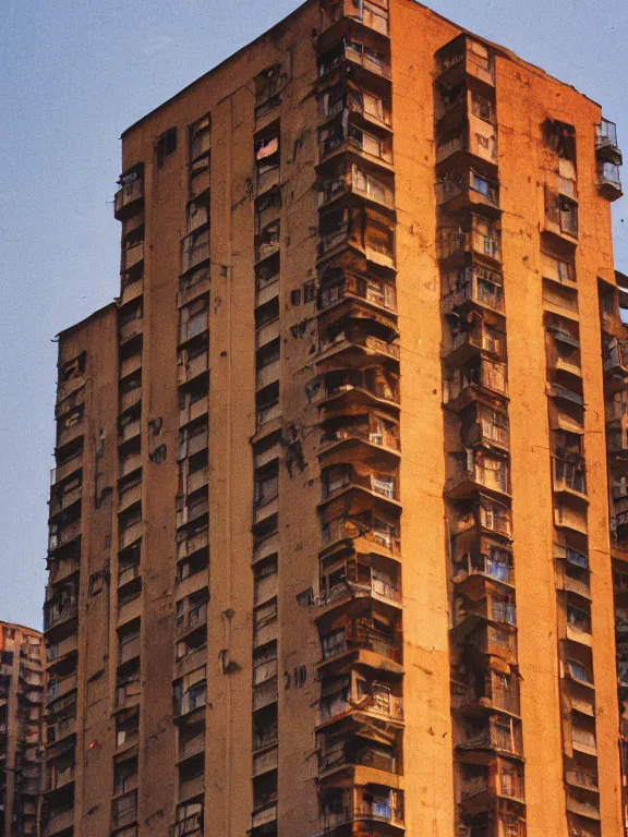 Image similar to photo of low soviet panel residential building, extreme wide shot, golden hour, kodak gold 2 0 0, side - view