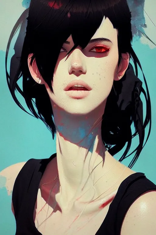 Image similar to a ultradetailed beautiful painting of a stylish woman with a white tank top, she has short black hair with bangs, by conrad roset, greg rutkowski and makoto shinkai trending on artstation