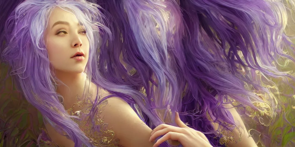 Image similar to wide angle, opalescent purple panther, metallic silver and ice color reflected crystal hair, leaping from babaob tree, fantasy, intricate, very beautiful, elegant, golden light, highly detailed, digital painting, artstation, concept art, smooth, sharp focus, unreal engine, art by wlop and tian zi and alphonse mucha