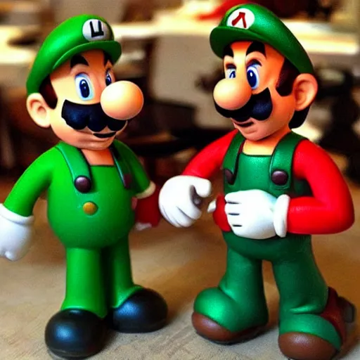 Image similar to “ mario and luigi in a drab cafe in style of godfather ”