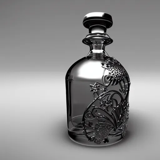 Prompt: transparent ancient magical potion flask engraved stallion, raytracing, caustics, orthographic 3d rendering