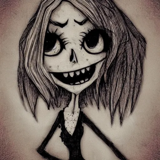 Prompt: grunge drawing of a cartoon creature with big eyes and a wide smile by mrrevenge, corpse bride style, horror themed, detailed, elegant, intricate