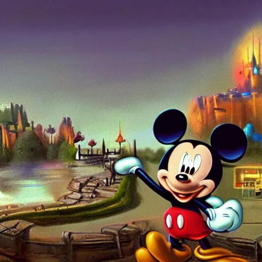 Prompt: Mickey Mouse goes on a rampage at Disney World, surrealist landscape concept art
