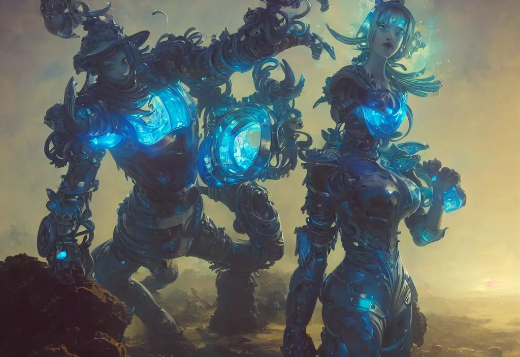 Image similar to wide view picture of a blue mech armor witch, standing on a floating greed cubes with monster companions, model pose, very brightening eyes, huge magic circles on the hand, magic and fantasy, extremely beautiful and aesthetic and detailed cute face, specular reflection, occlusion shadow, intricate, masterpiece, by ilya kuvshinov and jeremy lipking and quentin mabille