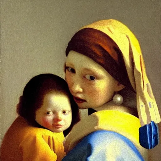 Image similar to pure love is patient love is kind, mother and child ; photorealistic oil painting by johannes vermeer ; highly detailed cute faces by wlop ; trending on artstation ; 8 k high resolution, symmetrical, cinematic, high coherence, golden ratio, rule of thirds, perfectly centered ; anatomically correct faces