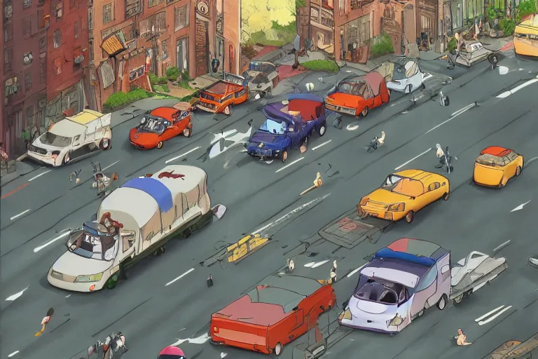 Prompt: catbus stuck in new york traffic jam. 4 k digital paint by studio ghibli hayao miyazaki. very sharp and detailed. trending on artstation and behance.