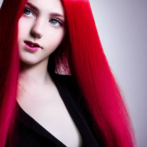 Image similar to !dream Portrait of a young, stunningly beautiful twin-tailed woman with red hair on the right half of her head and white hair on the left half, award-winning photo, 4k, 8k, studio lighting, Nikon D6