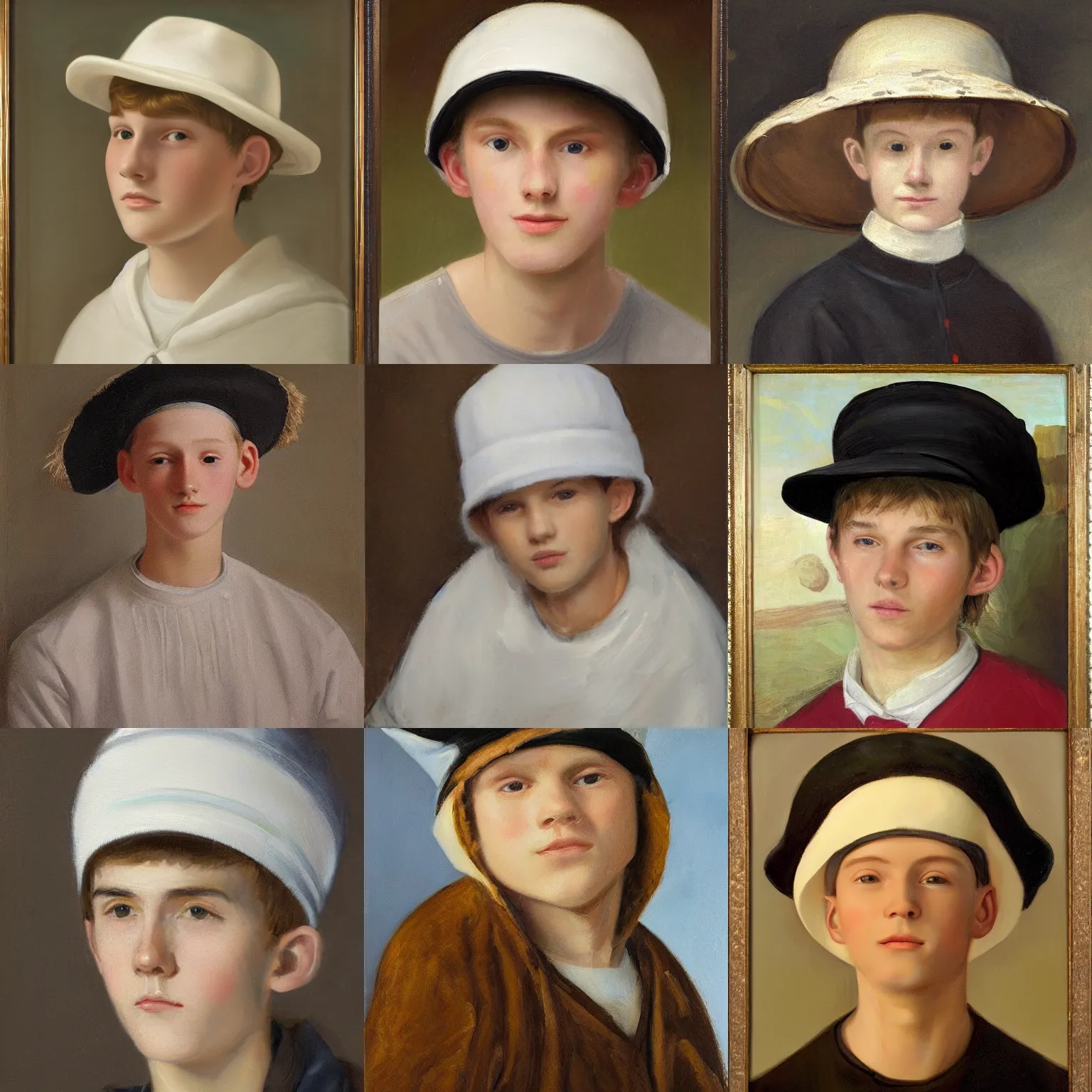 Prompt: tall white 1 6 years old teenager wearing a hat. the hat is white and covers his entire head except for his face, and also has little bumps on the top at both sides that resemble bear ears. ¾ face angle portrait, royal portrait painting, oil painting, highly detailed, realistic face, self - satisfied smirk