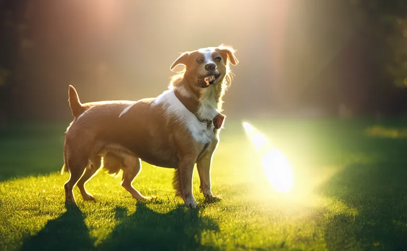 Image similar to portrait of a happy dog, natural light, lens flare, detailed face, cinematic lighting, 8 k