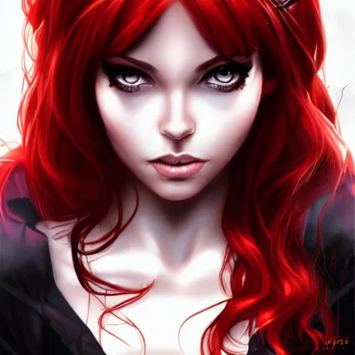 Image similar to princess of darkness, style of rutkowski, artgerm comic, piercing eyes, long glowing red hair, cinematic, highly detailed, award winning