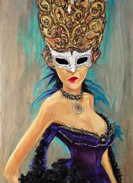 Image similar to a beautiful woman wearing an elaborate masquerade mask and matching ballgown, looking at the viewer with an alluring expression. painting by magali villanueve