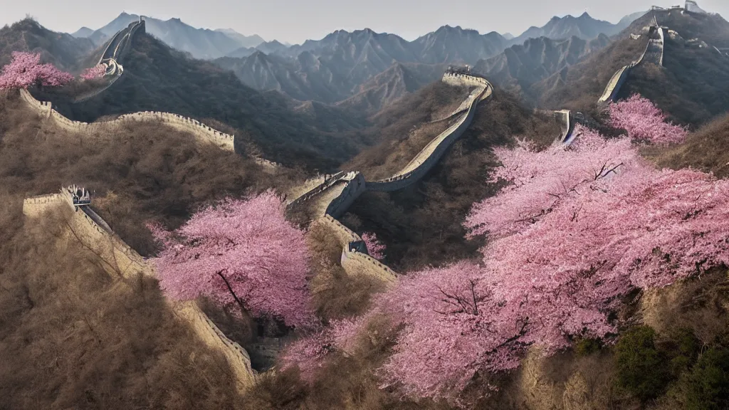 Image similar to arial view of pink cherry blossom trees growing in the great wall of china, andreas achenbach, artgerm, mikko lagerstedt, zack snyder, tokujin yoshioka