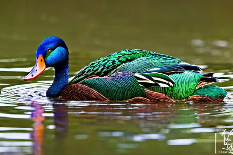 Prompt: a colorful fantasy mallard floating on a lake in the mountains, cascadia