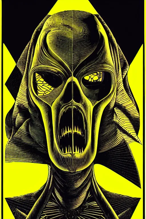 Prompt: portrait of black and yellow technicolor grainshading print by dan mumford, goblinko, richard corben, wayne barlowe, moebius, heavy metal comic cover art, psychedelic triangular skeleton, very intricate, thick outline, full body, symmetrical face, long black crown, in a shapes background, galactic dark colors