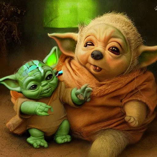 Prompt: baby yoda and winnie the pooh are best friends, cinematic composition, epic dramatic lighting, realistic, hyperdetailed, photorealistic, photograph, epic scale by gaston bussiere