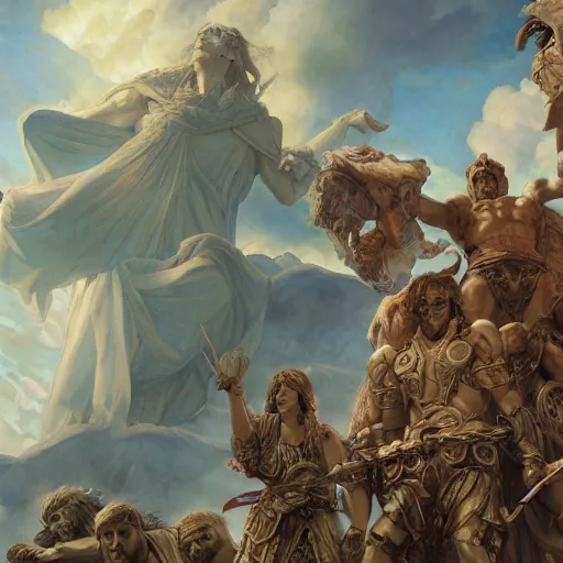 Prompt: disasterpiece Peloponnese war Gods watching above, by Edgar Maxence and Ross Tran and Michael Whelan, intricate line drawings, by Edgar Maxence and Ross Tran and Michael Whelan, 4k resolution