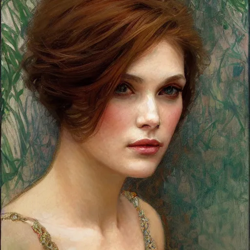 Image similar to ultra realistic portrait of a beautiful woman, intricate, elegant, highly detailed, smooth, sharp focus, by gil elvgen, greg manchess, mucha