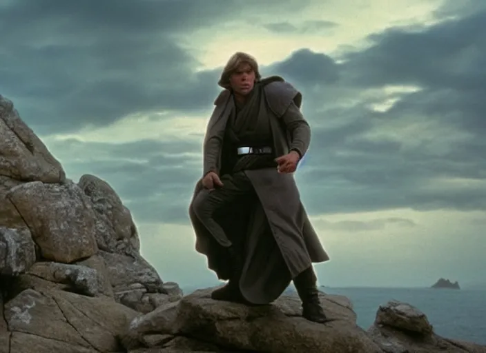 Prompt: screenshot of Luke Skywalker sitting around rocks floating in the air, outside on the rocky jedi temple, iconic scene from the last jedi, 1980s film directed by Stanley Kubrick, great portrait of Mark Hammill, cinematic lighting, kodak, stunning moody cinematography, with anamorphic lenses, crisp, detailed portrait, 4k image