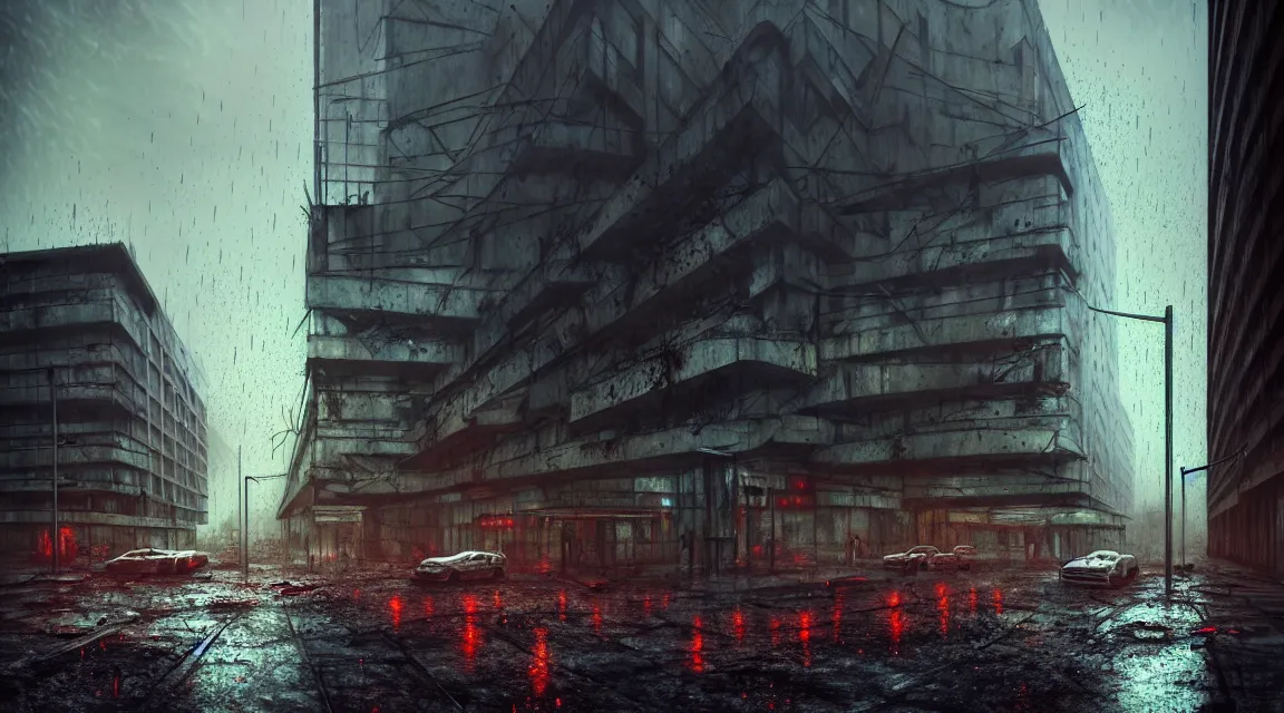 Prompt: post apocalyptic city building, raining, building, avenue, modern contemporary urban americana concrete architecture, paved roads, by pascal blanche trending on artstation, photorealistic, neon ambiance, ultra detailed, high definition, depth of field, bokeh, wild vegetation, blood stains, crumbling, post - apocalyptic warriors