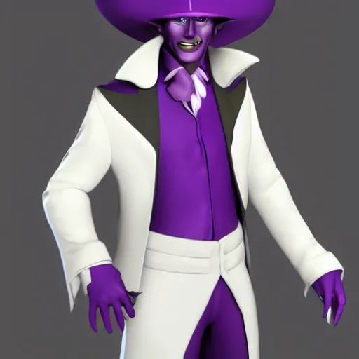 Prompt: a purple skinned tiefling wearing a white suit and tophat, purple skin, goatee, 3d model, dnd, artstation