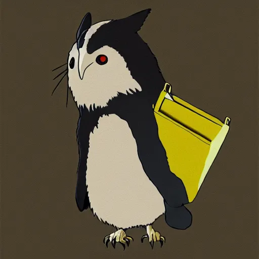 Image similar to still from studio ghibli movie My Neighbor Totoro, Hayao Miyazaki,barn owl in a black suit wearing an office bag going to the office, symetrical face,digital oil painting