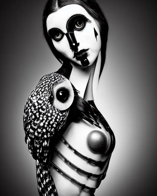 Image similar to surreal mythical dreamy dark artistic black and white fine art 3 / 4 fashion portrait photo of a young beautiful delicate female robot with orchid - owl face, rim light, cinematic, studio dramatic light, poetic, masterpiece, octane render, 8 k, photo - realistic by hg giger and man ray