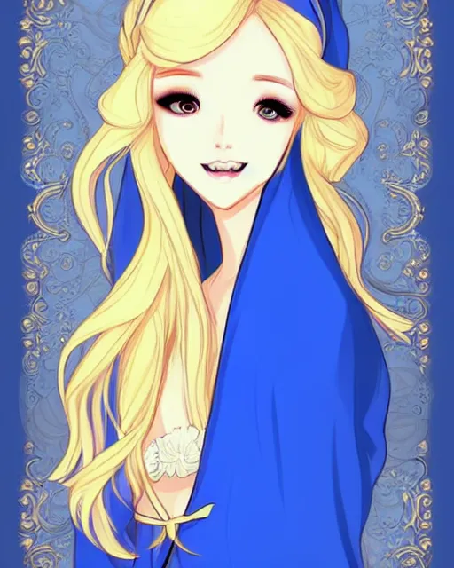 Image similar to a blonde woman wearing a blue veil and blue robes with ornate patterns, webcomic style | | very very manhwa!!!, fine - face, realistic shaded perfect face, fine details. manhwa. realistic shaded lighting poster