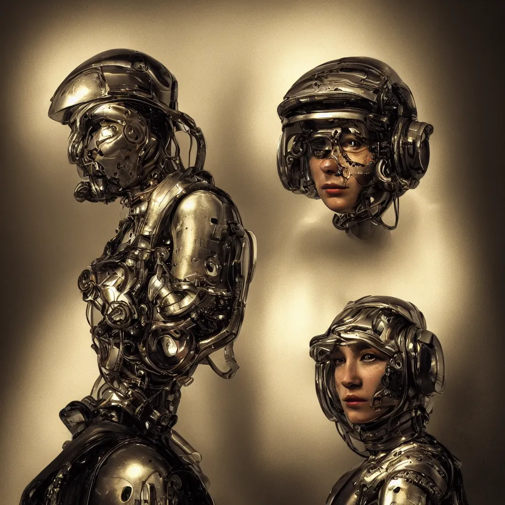 Prompt: baroque portrait of the girl wearing a cybernetic helmet. futuristic cyberpunk. rembrandt lighting. photorealistic. high details.
