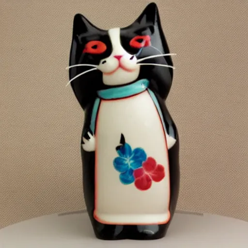 Image similar to demure anthropomorphic cat figurine wearing a kimono